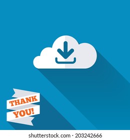 Download from cloud icon. Upload button. Load symbol. White flat icon with long shadow. Paper ribbon label with Thank you text. Vector