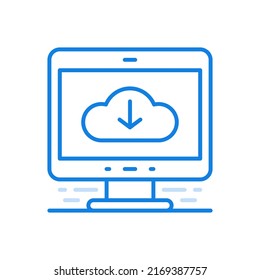 Descargar el icono de la línea vectorial del servicio en la nube. Nube con flecha hacia abajo en la pantalla del monitor. Información digital accesible a cualquier distancia. Servicio y almacenamiento de datos en línea en servidores web conectados.