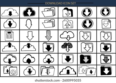Download and cloud thin line icons set. Download file, document, upload, button icon. Editable stroke. Vector