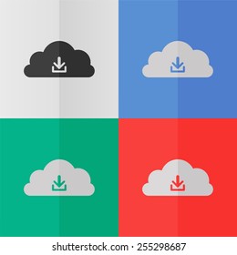 Download from cloud vector icon. Effect of folded paper. Colored (red, blue, green) illustrations. Flat design