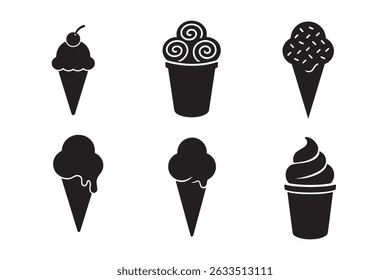 Download a collection of stylish black and white vector illustrations featuring various ice cream cones and cups. 