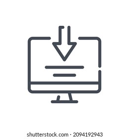 Download to computer line icon. PC with arrow down vector outline sign.