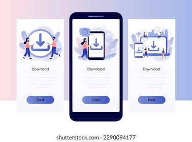 Download concept. Install symbol. Tiny people downloading data, files on smartphone or laptop. Load symbol. Screen template for mobile, smartphone app. Modern flat cartoon style. Vector illustration