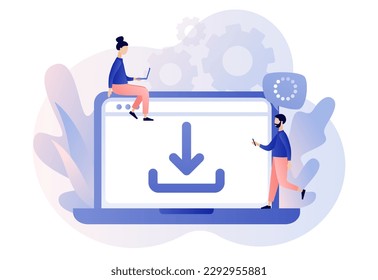 Download concept. Install symbol. Tiny people downloading data, files on laptop. Load symbol. Modern flat cartoon style. Vector illustration on white background