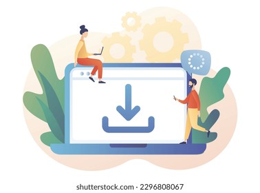 Download concept. Install symbol. Tiny people downloading data, files on laptop. Load sign. Modern flat cartoon style. Vector illustration on white background