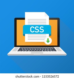Download CSS button on laptop screen. Downloading document concept. File with CSS label and down arrow sign. Vector stock illustration.