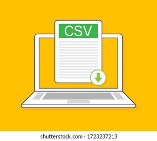 CSV-Schaltfläche auf dem Bildschirm des Notebooks herunterladen. Dokumentkonzept herunterladen. Datei mit CSV-Kennzeichnung und nach unten markiertem Pfeilzeichen. Vektorgrafik.