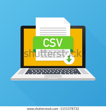 Download CSV button on laptop screen. Downloading document concept. File with CSV label and down arrow sign. Vector stock illustration.