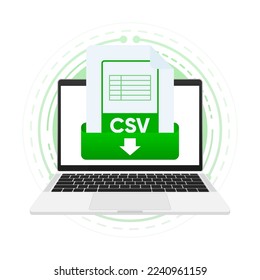 Descargar archivo CSV con etiqueta en la pantalla del portátil. Descargando el concepto del documento. Ver, leer, descargar archivo CSV en laptops y dispositivos móviles. Ilustración vectorial.