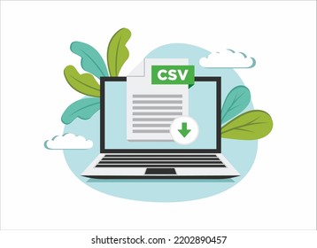 Download CSV icon file with label on laptop screen. Downloading document concept. Banner for business