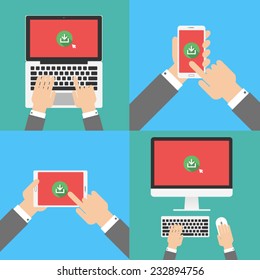 download data with electronic devices. smart phone, tablet, laptop, computer