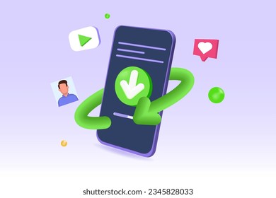 Download data on phone, data transfer concept. 3D icon vector render illustration.