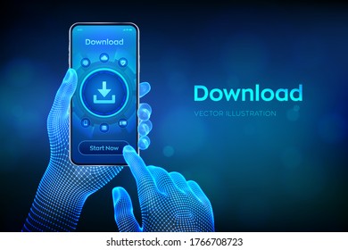 Download Data Storage. Cloud download. Install symbol. Business technology network internet concept. Closeup smartphone in wireframe hands. Vector illustration.