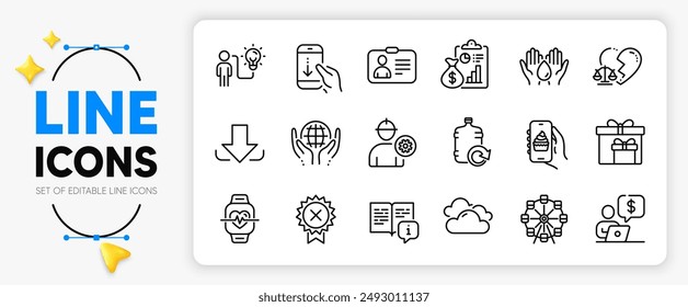 Download, Divorce lawyer and Manual line icons set for app include Safe water, Scroll down, Ferris wheel outline thin icon. Cloudy weather, Id card, Food app pictogram icon. Vector