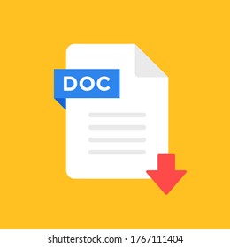 Download DOC icon. DOC file with down arrow symbol. Downloading document. Flat style design. Vector icon