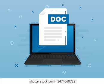 Download DOC icon file with label on laptop screen. Downloading document concept. Banner for business, marketing and advertising. Vector Illustration.