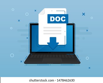 Download DOC icon file with label on laptop screen. Downloading document concept. Banner for business, marketing and advertising. Vector Illustration.
