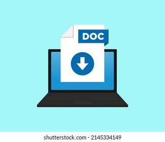 Download DOC icon file with label on laptop screen. Downloading document concept. Banner for business