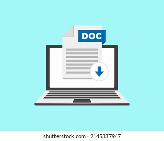 Descargar archivo de icono DOC con etiqueta en la pantalla del portátil. Descargando el concepto del documento. Cartel para los negocios