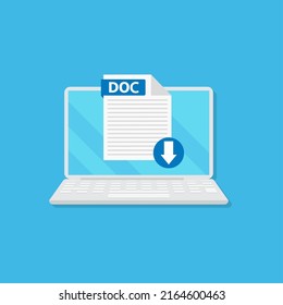 Download DOC icon file with label on laptop screen. Downloading document concept. Banner for business, marketing and advertising. Vector Illustration. Eps 10