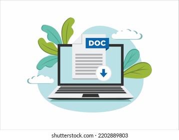 Download DOC icon file with label on laptop screen. Downloading document concept. Banner for business