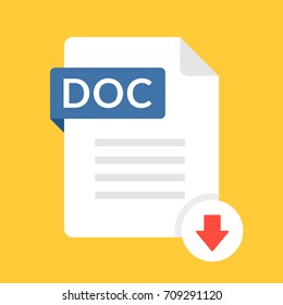 Download DOC icon. File with DOC label and down arrow sign. Text document. Downloading document concept. Flat design vector icon