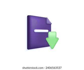 Download the document file. Download files. paper symbol and down arrow. Save the document. symbol or icon. Minimalist 3D illustration concept design. graphic elements. Vector. white background