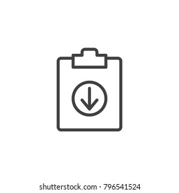 Download document file line icon, outline vector sign, linear style pictogram isolated on white. Clipboard with arrow down symbol, logo illustration. Editable stroke
