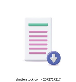 Download document icon 3d. Paper sheet and file download data symbol arrow vector.