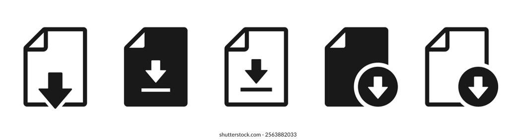 Download document icon set. Download file, document, save folder, link, PDF, software - stock vector.