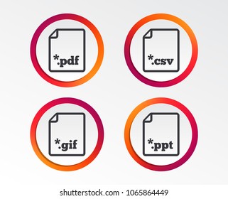 Download document icons. File extensions symbols. PDF, GIF, CSV and PPT presentation signs. Infographic design buttons. Circle templates. Vector