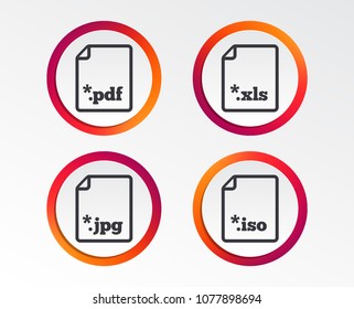 Download document icons. File extensions symbols. PDF, XLS, JPG and ISO virtual drive signs. Infographic design buttons. Circle templates. Vector