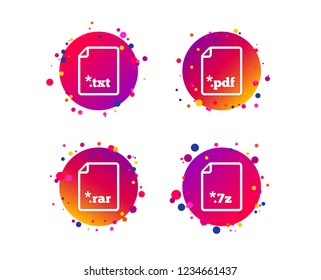Download document icons. File extensions symbols. PDF, RAR, 7z and TXT signs. Gradient circle buttons with icons. Random dots design. Vector