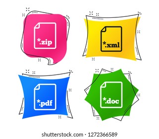 Download document icons. File extensions symbols. PDF, ZIP zipped, XML and DOC signs. Geometric colorful tags. Banners with flat icons. Trendy design. Vector
