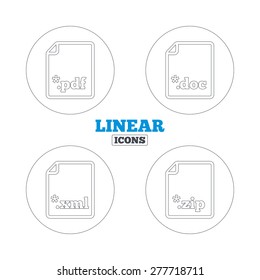 Download document icons. File extensions symbols. PDF, ZIP zipped, XML and DOC signs. Linear outline web icons. Vector