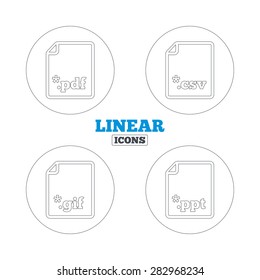 Download document icons. File extensions symbols. PDF, GIF, CSV and PPT presentation signs. Linear outline web icons. Vector