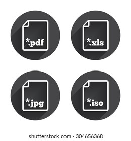 Download document icons. File extensions symbols. PDF, XLS, JPG and ISO virtual drive signs. Circles buttons with long flat shadow. Vector