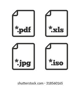 Download document icons. File extensions symbols. PDF, XLS, JPG and ISO virtual drive signs. Flat icons on white. Vector