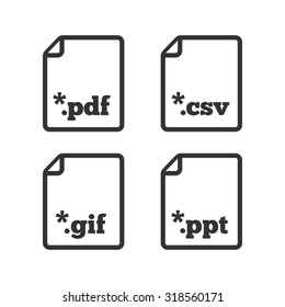 Download document icons. File extensions symbols. PDF, GIF, CSV and PPT presentation signs. Flat icons on white. Vector