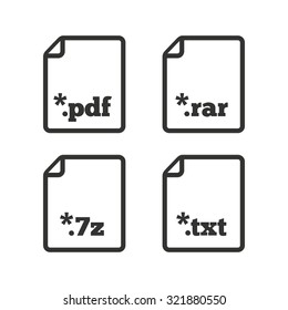 Download document icons. File extensions symbols. PDF, RAR, 7z and TXT signs. Flat icons on white. Vector