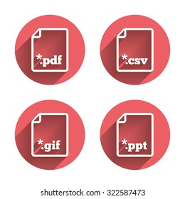 Download document icons. File extensions symbols. PDF, GIF, CSV and PPT presentation signs. Pink circles flat buttons with shadow. Vector