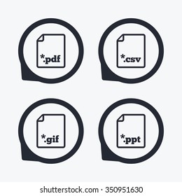 Download document icons. File extensions symbols. PDF, GIF, CSV and PPT presentation signs. Flat icon pointers.