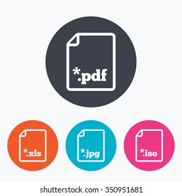 Download Document Icons. File Extensions Symbols. PDF, XLS, JPG And ISO Virtual Drive Signs. Circle Flat Buttons With Icon.