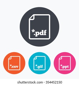 Download document icons. File extensions symbols. PDF, GIF, CSV and PPT presentation signs. Circle flat buttons with icon.