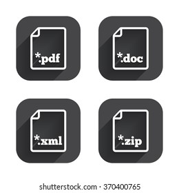 Download document icons. File extensions symbols. PDF, ZIP zipped, XML and DOC signs. Square flat buttons with long shadow.