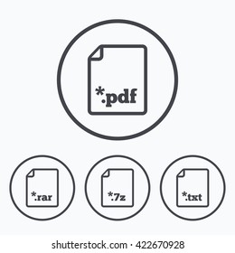 Download document icons. File extensions symbols. PDF, RAR, 7z and TXT signs. Icons in circles.