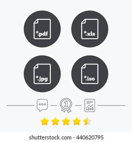 Download document icons. File extensions symbols. PDF, XLS, JPG and ISO virtual drive signs. Chat, award medal and report linear icons. Star vote ranking. Vector