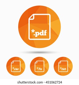 Download document icons. File extensions symbols. PDF, RAR, 7z and TXT signs. Triangular low poly buttons with shadow. Vector