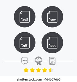 Download document icons. File extensions symbols. PDF, GIF, CSV and PPT presentation signs. Chat, award medal and report linear icons. Star vote ranking. Vector
