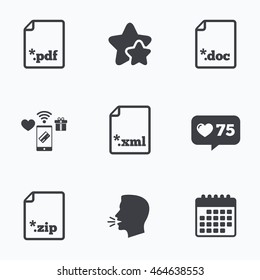 Download document icons. File extensions symbols. PDF, ZIP zipped, XML and DOC signs. Flat talking head, calendar icons. Stars, like counter icons. Vector